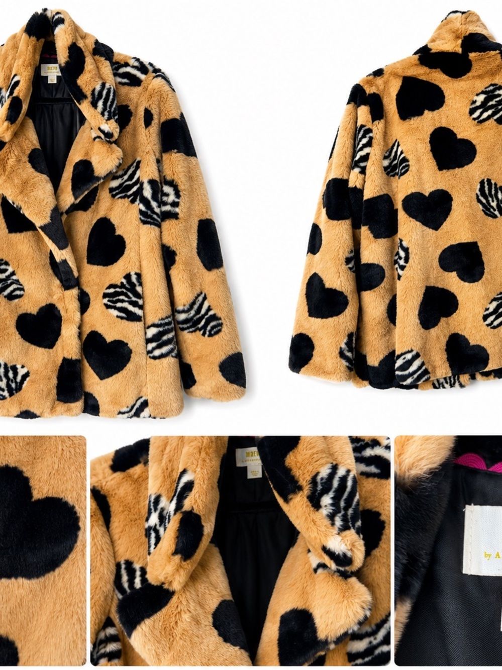Maeve Camel Faux-Fur Teddy Jacket with Black Heart & Zebra Accents
